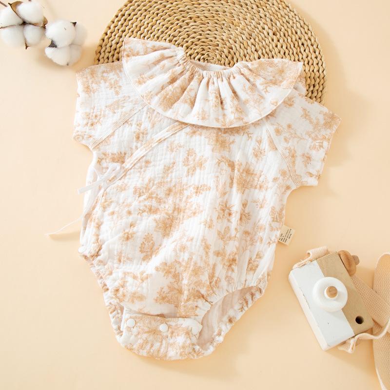 Baby Cotton One-piece Short-sleeved Cotton Yarn Triangular Fart-wrapped Romper Spring and Summer Thin Children's Fart-wrapped with Bib Clothes