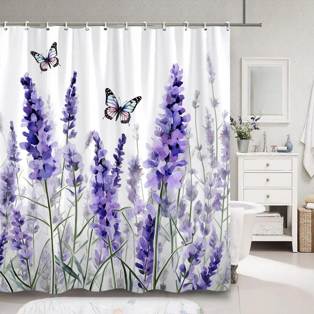 Purple Lavender Shower Curtain Fluttering Butterfly Botanical Flower Watercolour Art Painting Shower Curtain Bathroom Decoration