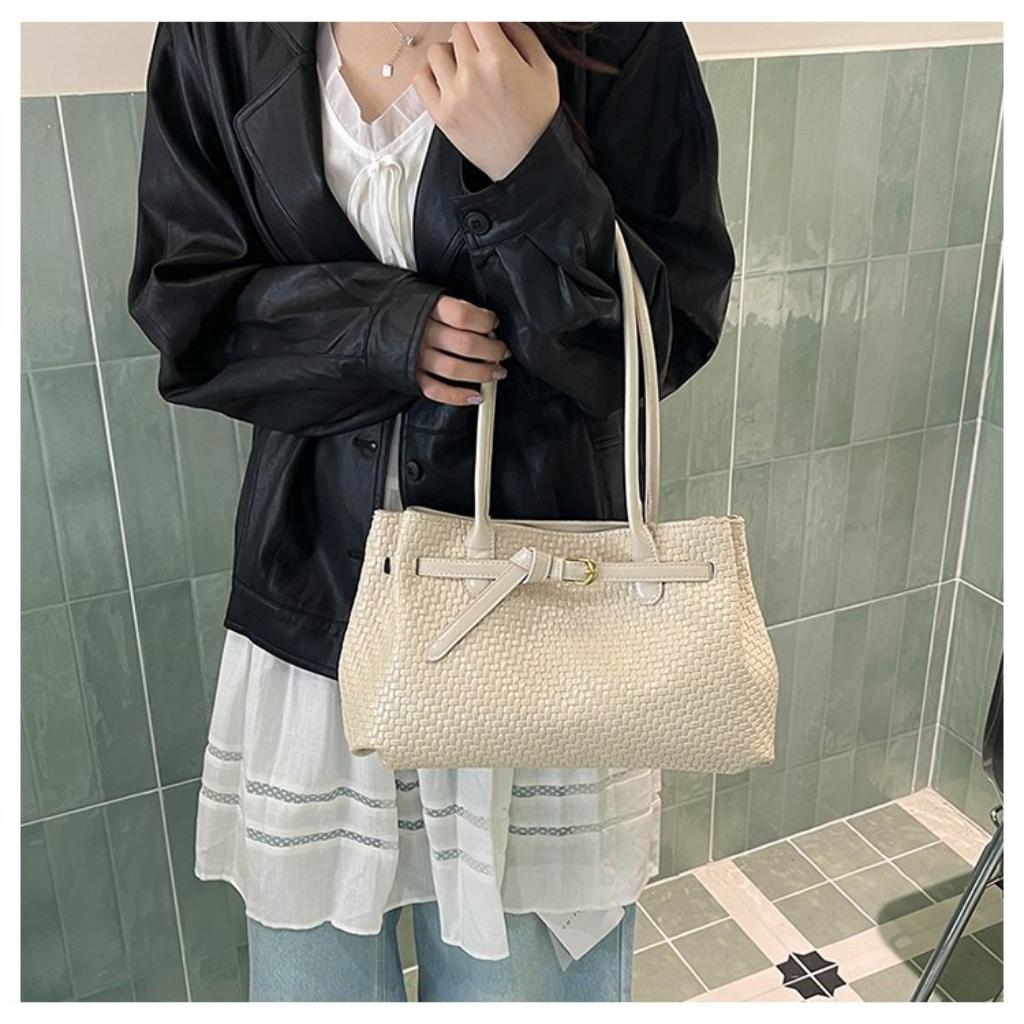 Xeie Thuk Tote Bag Women PU Woven Texture Handheld Shoulder Daily Commute