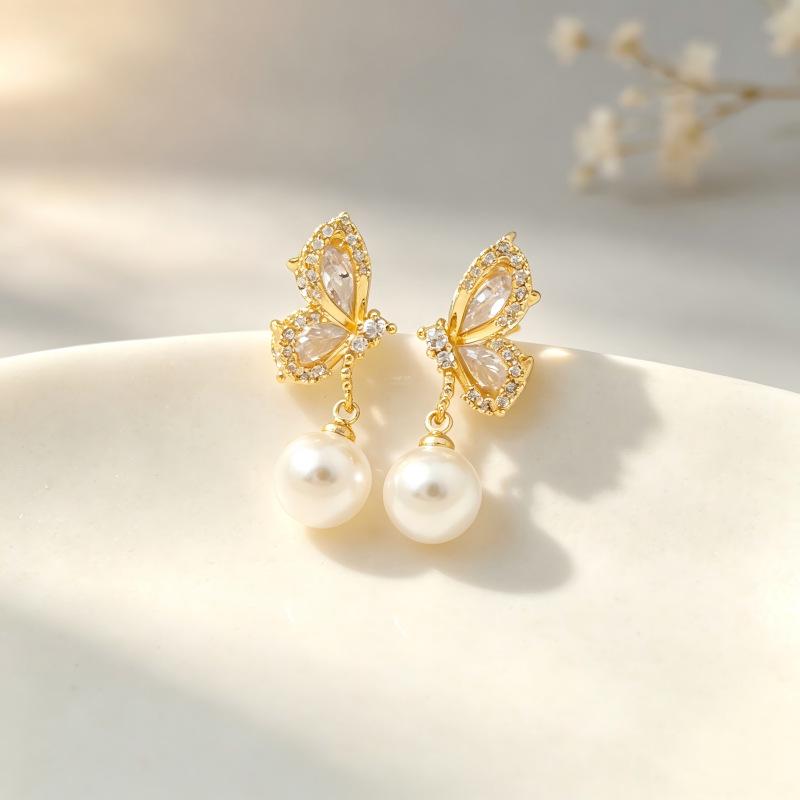 Elegant Zirconia Butterfly & Pearl Long Stud Earrings