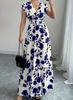 Short-sleeved dress, new printed V-neck long dress, European and American summer waist women's clothing