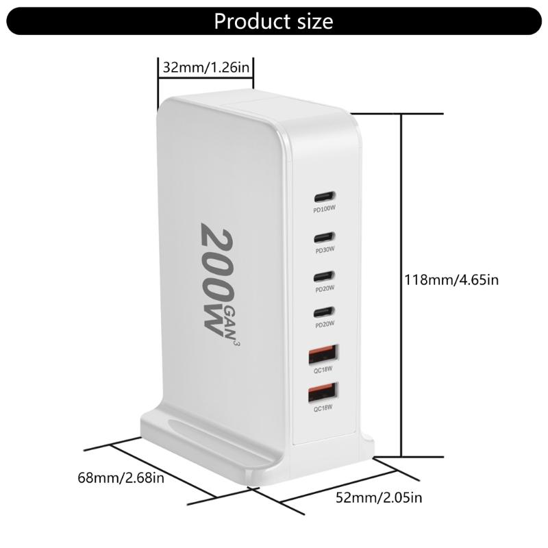 USB C Ladegerät 200W Schnellladegerät Block 6 Port Ladestation Ziegelstein Laptop-Ladegerät 2 USB + 4 Typ C für Reisen Zuhause