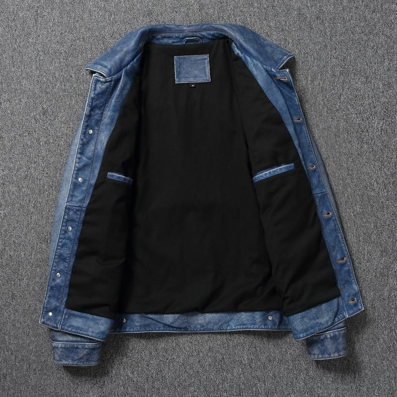 Vintage niebieska kurtka z prawdziwej skóry męska 506 Style Slim Fit krótka skóra bydlęca męski płaszcz skórzany jesień