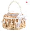 Woven Rattan Wedding Flower Girl Basket with Pearl Handle & Ribbon Bow,Handwoven Storage Basket for Wedding, Party & Home Decor