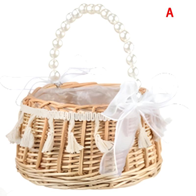 Woven Rattan Wedding Flower Girl Basket with Pearl Handle & Ribbon Bow,Handwoven Storage Basket for Wedding, Party & Home Decor