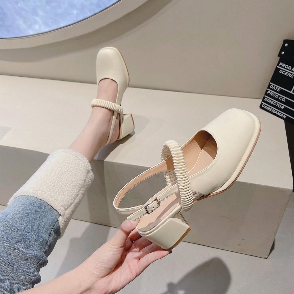Summer solid color Baihan version with foot cover heightening skirt round head high heel small leather shoes women's shoes single shoes