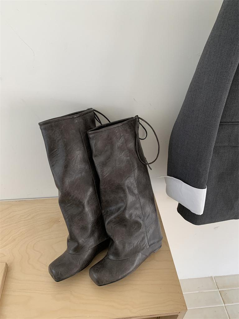 Square Head Pants Boots Women's Boots Inner Height Increase 2025 Autumn and Winter New Cool But Knee Boots Rear Lace-up Fashion Boots Women