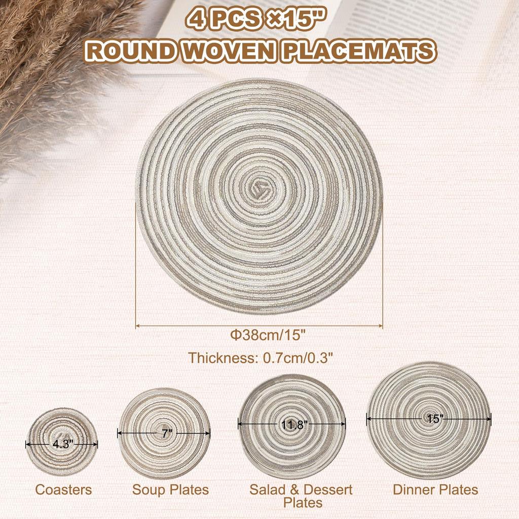 Uxcell 4-Piece Round Woven Place Cushions, 15", Heat-Resistant, Gradient Gray, for Kitchen/Dining Table Countertops