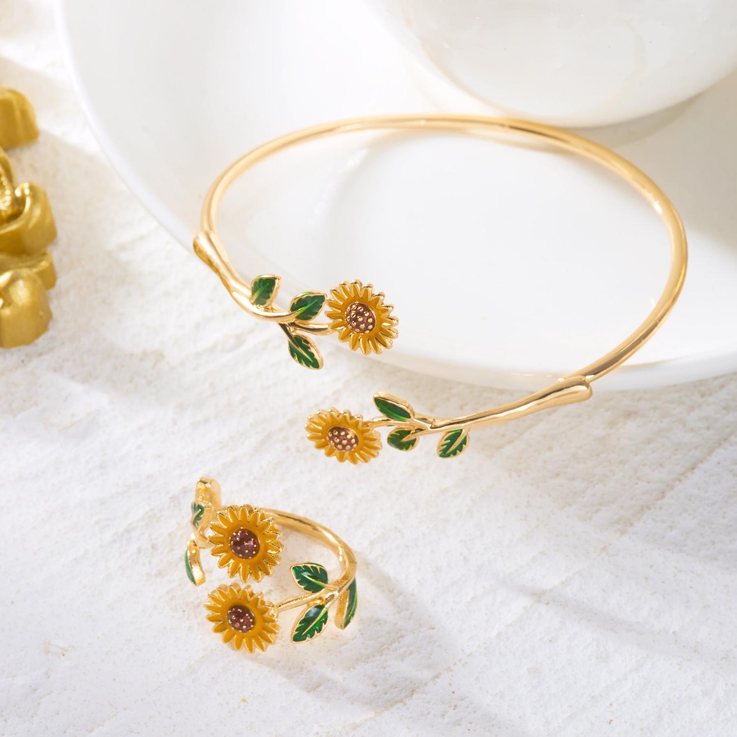 

Enamel Camellia Sunflower Daisy Open Bracelet Ring Set Floral Jewelry Accessory Women Fashion Trend Gift Daily Accessory