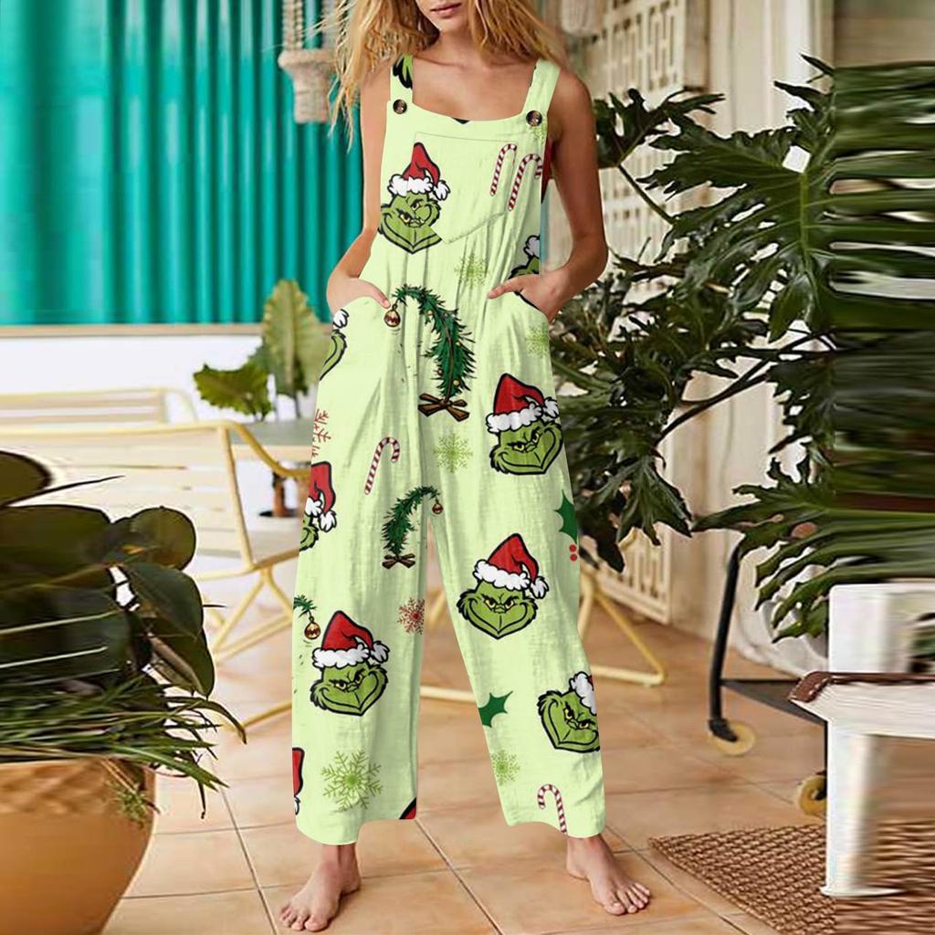 Women's Fashion Christmas  Print Casual Retro Sleeveless Button Jumpsuit