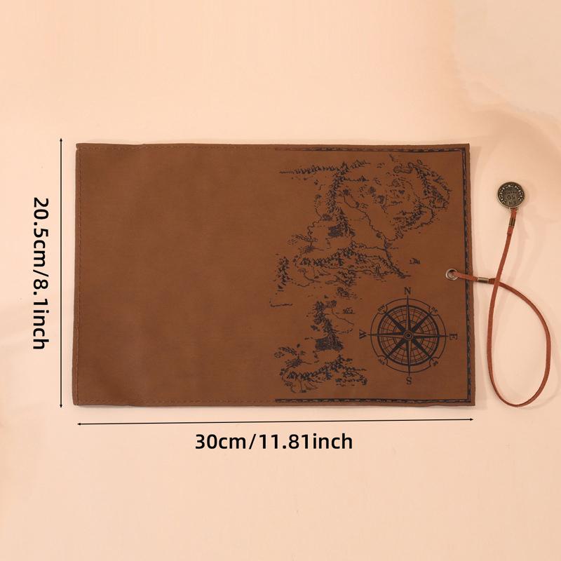 Vintage Treasure Map Design Roll Up Pencil Bag Large Capacity Leather Pen Case with Embossed Buckle Stationery Organizer