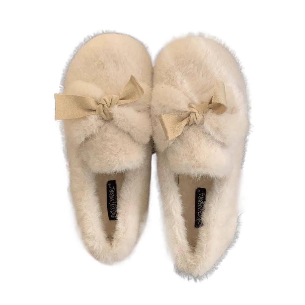 Women's Plush White Furry Fairy Shoes - Autumn/Winter Velvety Bean Style for Expecting Moms