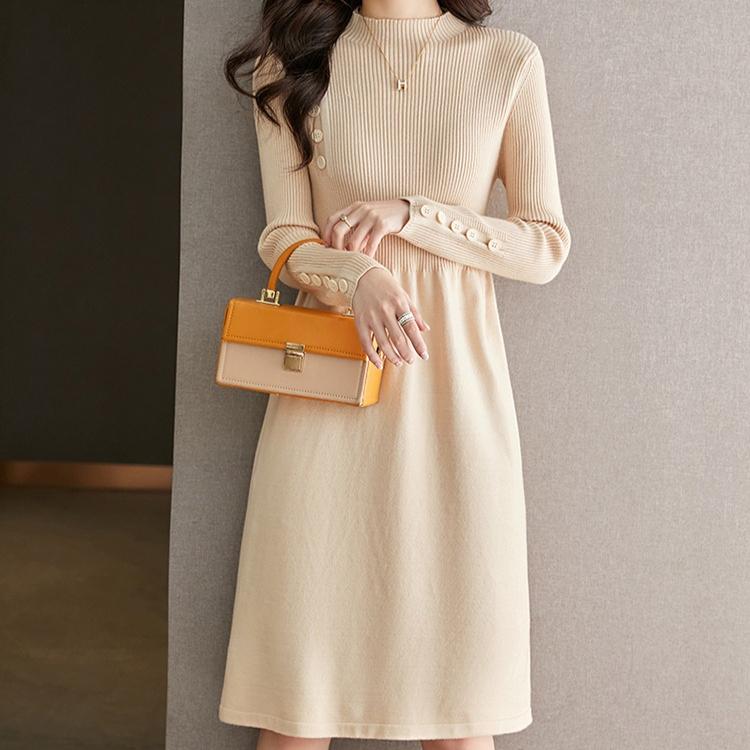 Taillenbetonendes Strickkleid für Damen Einfarbig Lässig Midilang Pullover A-Linien-Pulloverkleid für Herbst und Winter