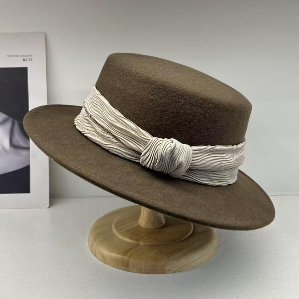 French Celebrity Style High Quality Flat Top Hat Women's Autumn and Winter Australian Wool Felt Hat Ribbon Top Hat Elegant Fashion Hat