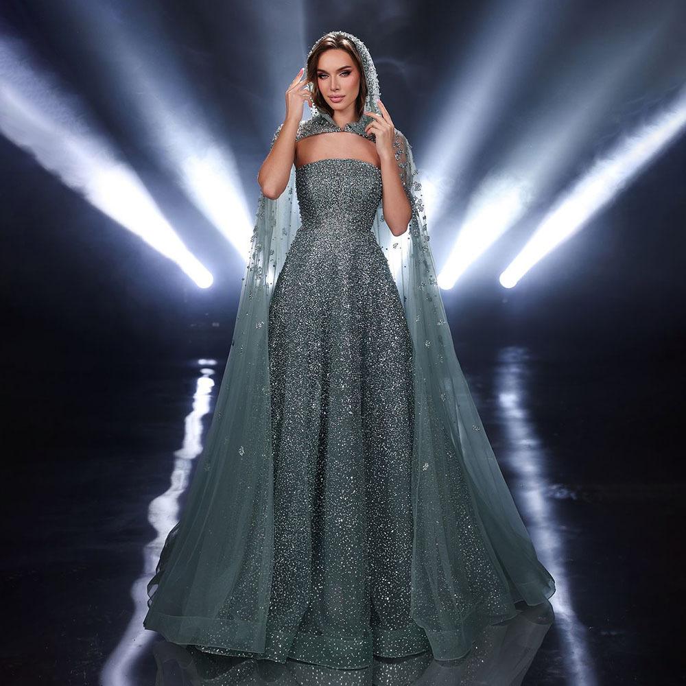 Aqua green tube top with hooded long shawl A-shaped skirt high-end elegant art test solo dress LA11119A