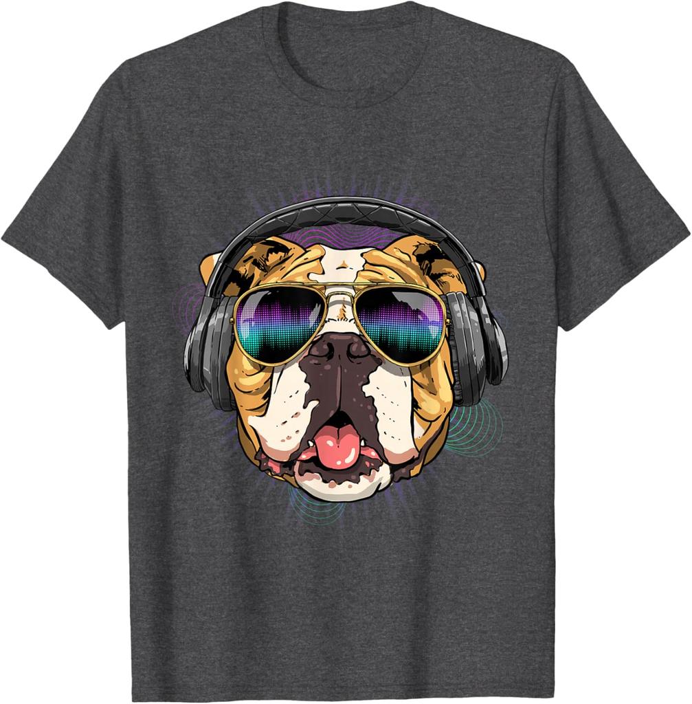 Music Bulldog DJ Headphones Graphic Tee Men Casual Cotton Short Sleeve T-Shirt