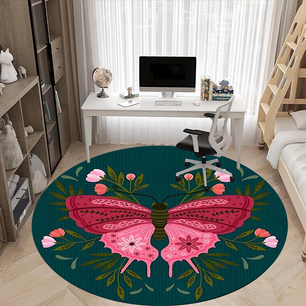 1PC Butterfly Floral Pattern Office Round Rug, Non slip, Soft and Durable Office Rug for Interior Decoration, Perfect for Office