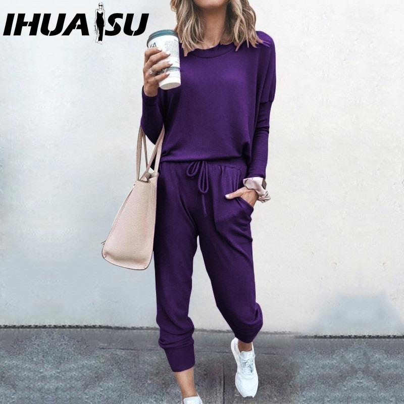 

IHUASU Spring and Autumn Women s Loose Solid Colour Long Sleeve Long Pants Casual Suit S фиолетовый
