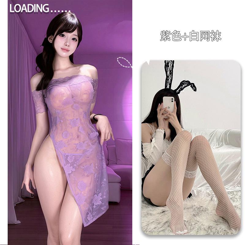 Large size erotic underwear rose one-word collar perspective cheongsam sexy woman pure desire to show buttocks without temptation H