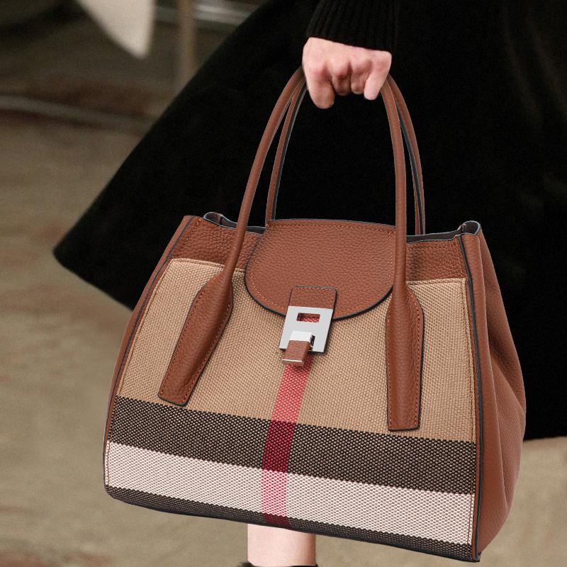 Νέα Γυναικεία Vintage Καρό Τσάντα Χειρός με Μεγάλη Χωρητικότητα, Καθημερινή, Ευέλικτη, από καμβά και δέρμα αγελάδας, τσάντα με πτερύγια