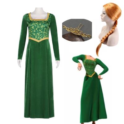 Princess Fiona Cosplay Costume Anime Shrek Wife Green Fiona Cos Dress Wigs Outfit ForLadies Women Long Dress Halloween Headgear