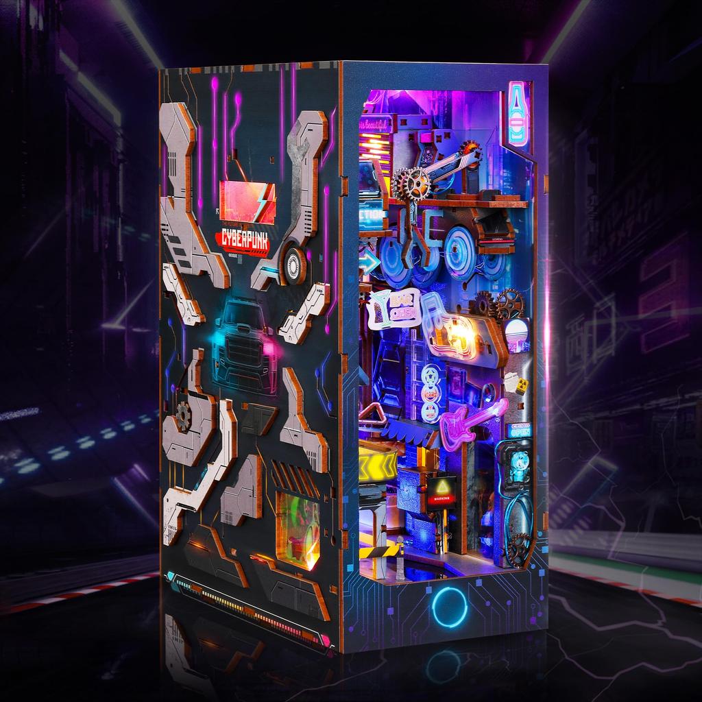 FUNPOLA Booknook Kit Booknook Wooden Puzzle DIY Miniature Dollhouse with LED Light Bookshelf Holder Bookends Display Craft Set for Beginners and