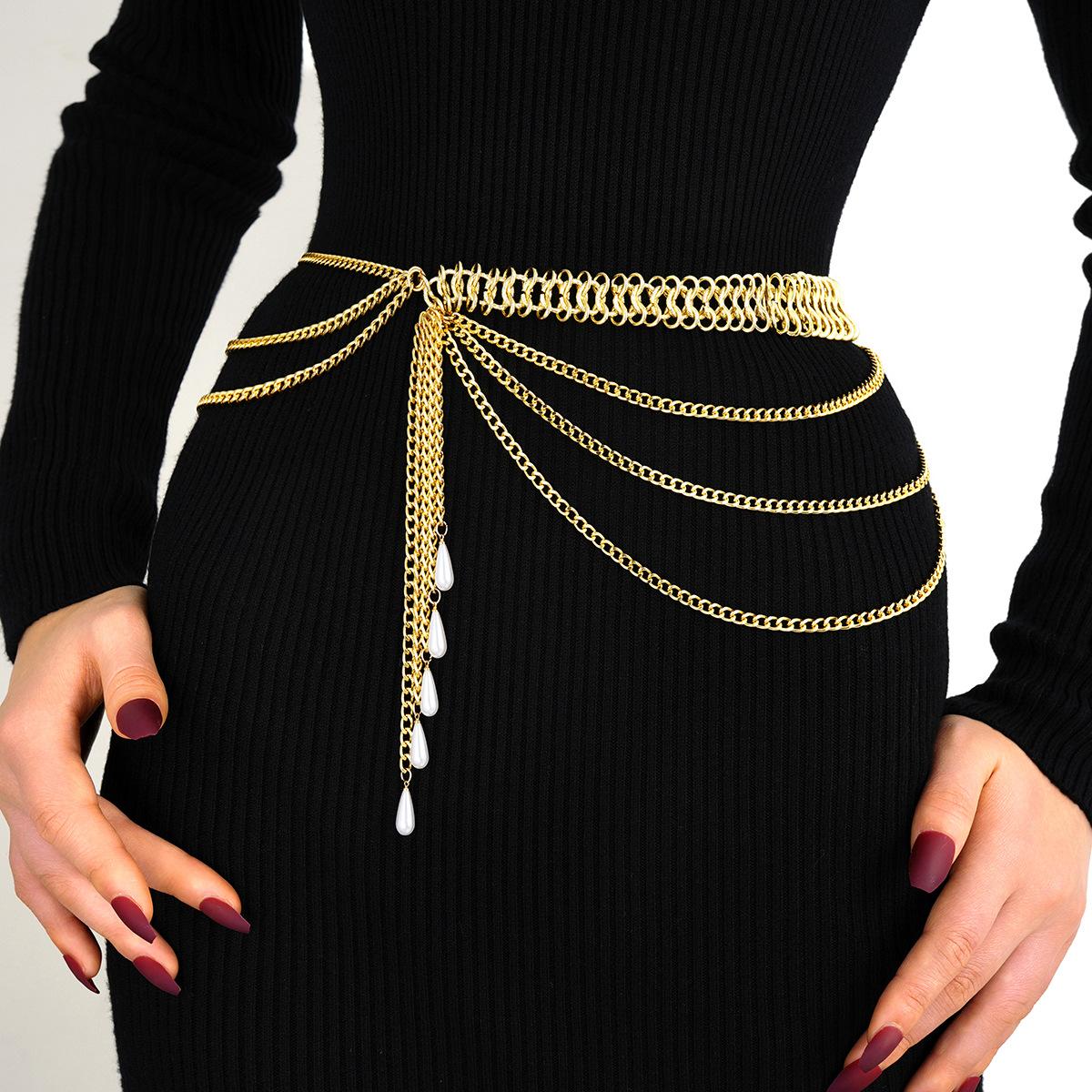 

Vintage Imitation Pearl Tassel Waist Chain For Women Silver Color Waterdrop Pendant Multi-layer Belly Chain Female Party Jewelry