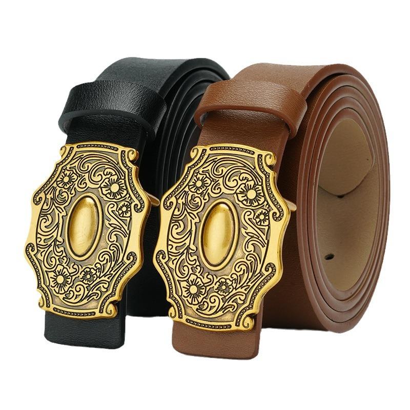 Retro Women's Cowhide Belt Punched with Brown Black Trousers Belt Genuine Leather Smooth Plate Buckle