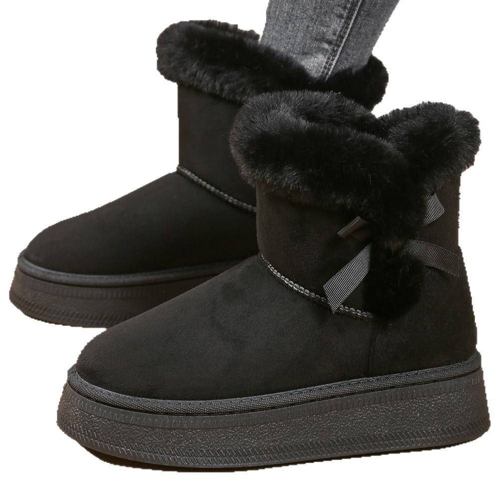 Winter New Snow Cotton Boots Women's Thick-soled Bow Short Tube Piled Thickened Warm Non-slip Cotton Boots