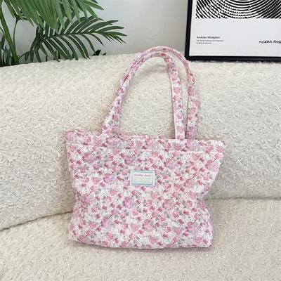 Carto Print Women Quilted Shoulder Bags Cute Floral Large Capacity Ladies Shopper Bags Portable Female Clutch Purse Handbags