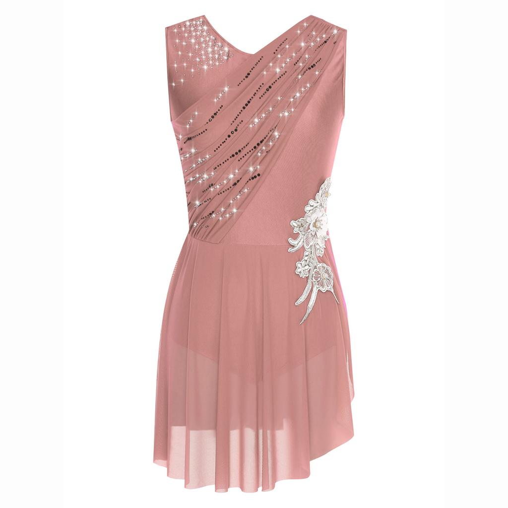 Womens Lyrical Dance Dress Sleeveless Ruched Mesh Overlay Shiny Rhinestones Side Slit Ice Skating Costume