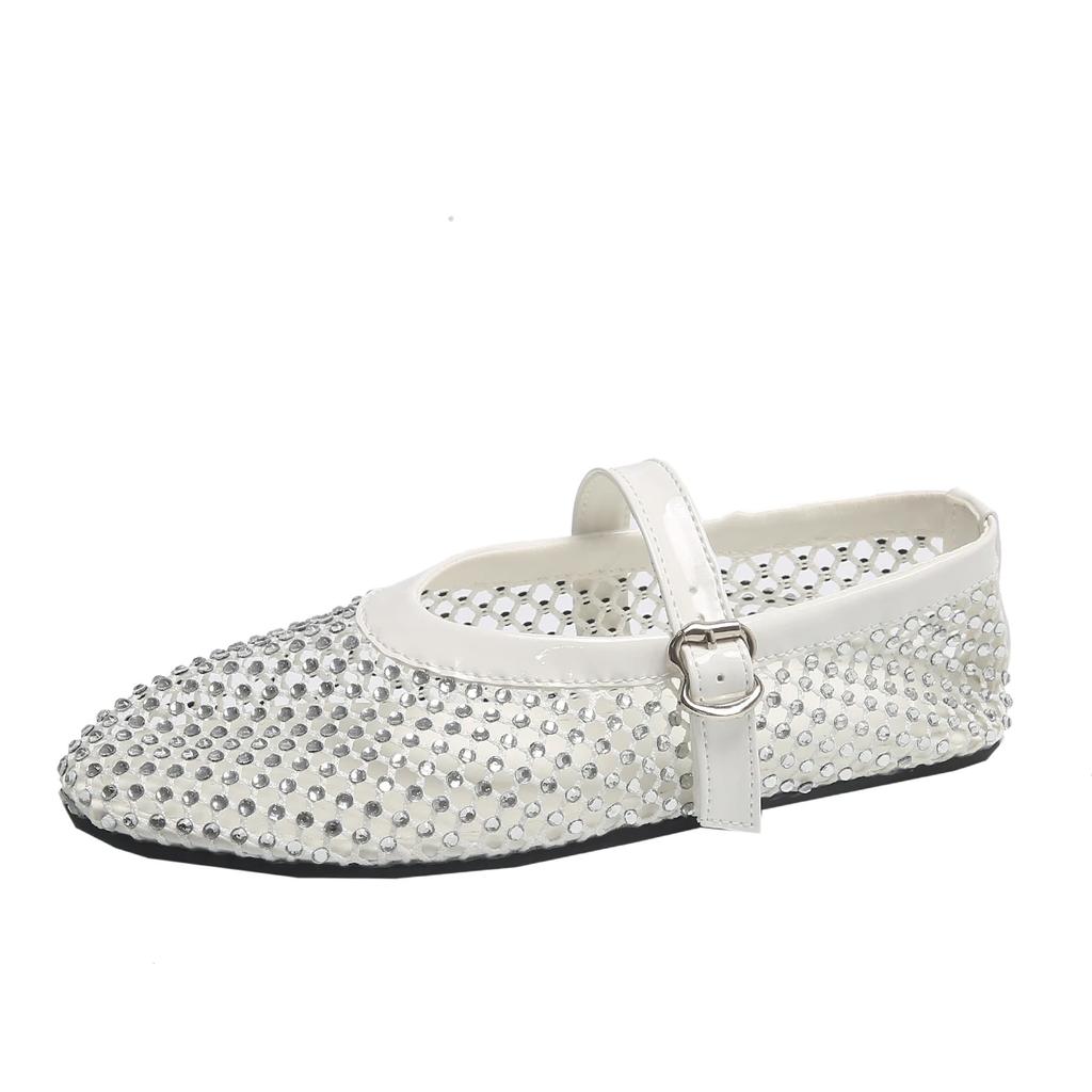 Luxury Crystal Rhinestone Fishnet Ballet Flats Woman Brand Design Rivet Studs Mesh Mary Jane Shoes Ladies Summer Cut Out Loafers