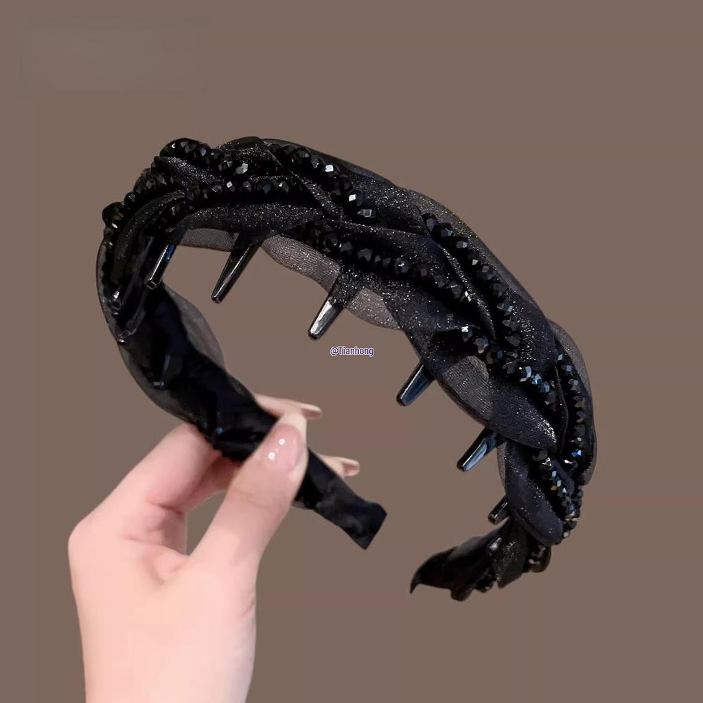 UK Luxury Black Crystal Mesh Women's Headband - High Skull Top, Versatile and Stylish