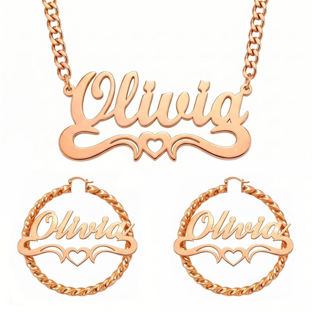 Custom Name Necklace and Hoop Earrings Personalized Gold Tone Jewelry Braided Chain Heart Design Birthday Gift for Women