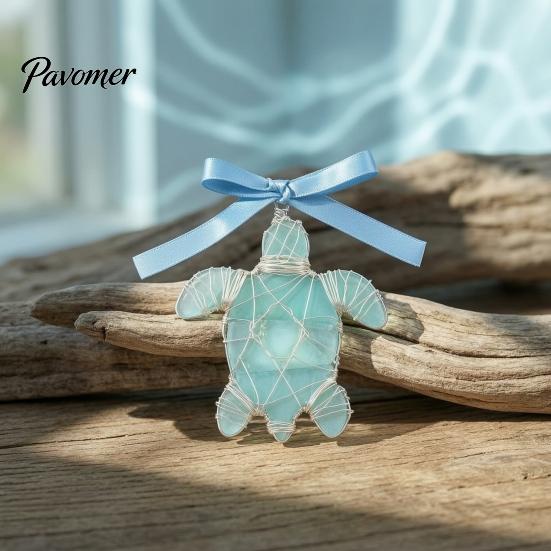 Artisanal Coastal Style Gifts Handmade Sea Glass Ocean Ornaments, 2D Wire Wrapped Christmas Tree Decoration, Story Collection Decor Turtle Octopus