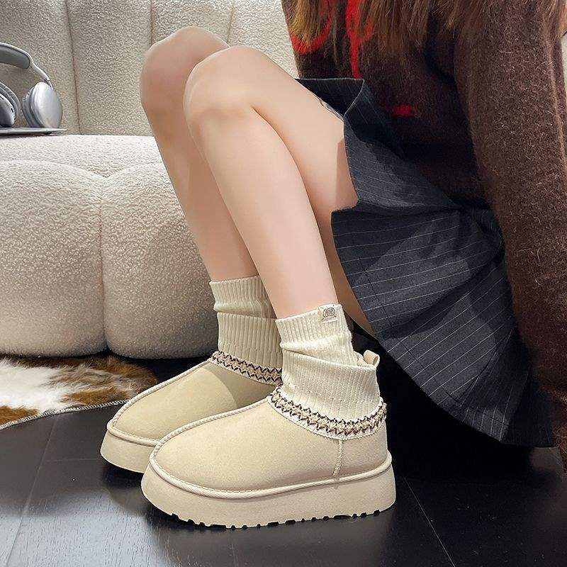 2025 νέα χειμερινά χοντρόσολα χιονιού με φλις επένδυση ζεστά μποτάκια χιονιού γυναικεία με φλις χοντρή μάλλινη επένδυση πλεκτά μποτάκια με μάλλινο στόμιο