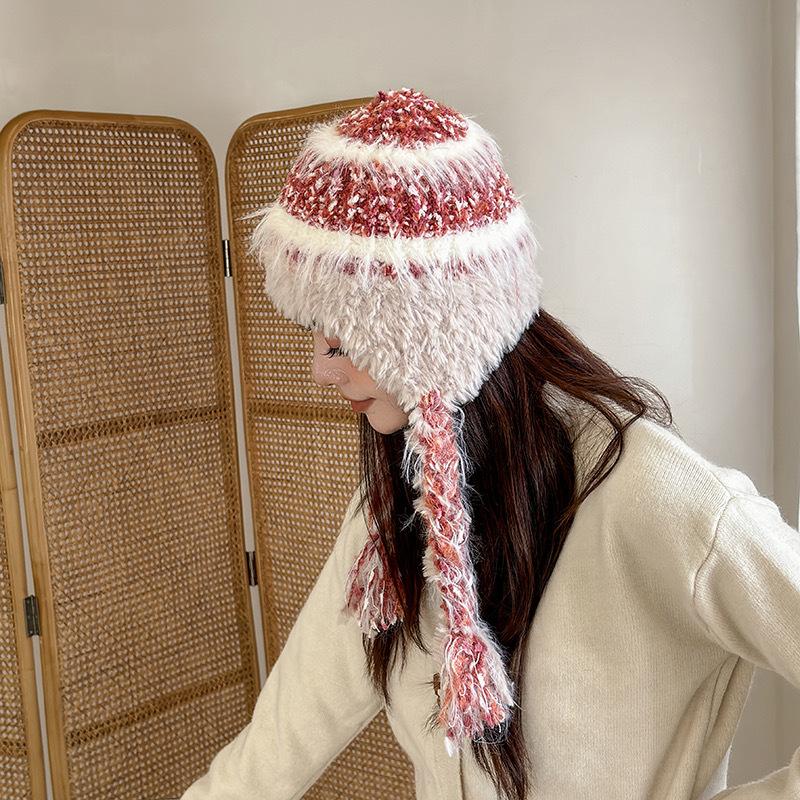 Striped Splicing Knitted Wool Hat for Women In Autumn and Winter Thickened Warmth and Cold Protection Ear Protection Goggles for Lei Feng Hat