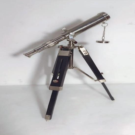 Handmade Brass Spyglass Telescope Chrome Finish, 35.56 Cm Wooden Tripod  Perfect for Desk, Shelf, Office, Study, or Library Decor