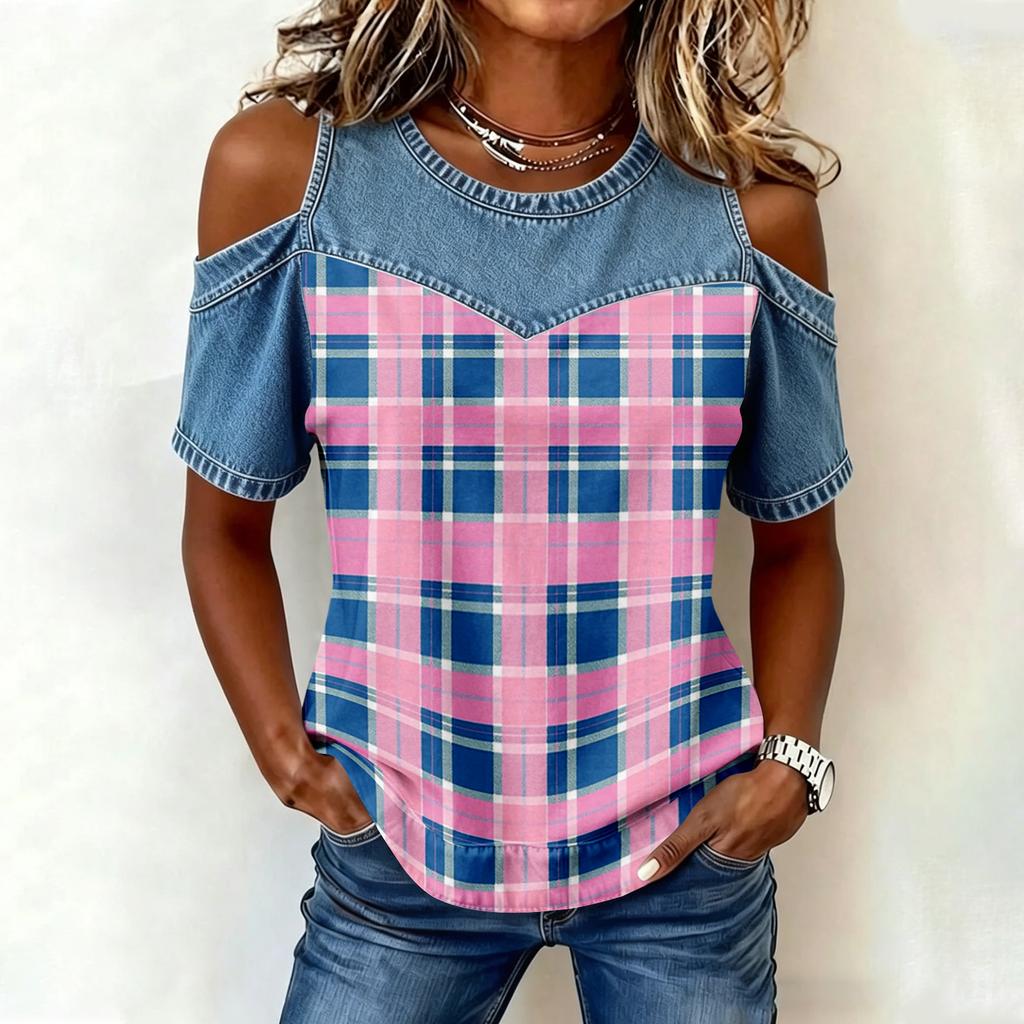 Women's Casual Patchwork Fashion Print Off-Shoulder Top