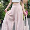 Elegant Pink Linen Embroidered Wide-Leg Women's Pants - Summer-Ready, Lightweight, and Age-Reducing with Excellent Drape
