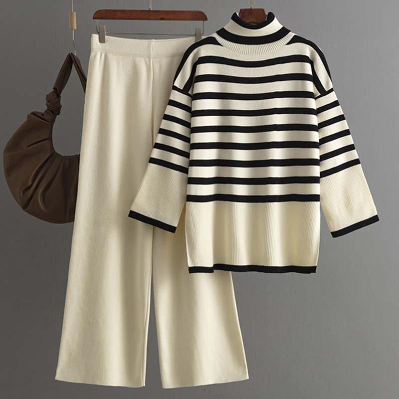 

Женский модный полосатый свитер с высоким воротом, комплект из двух частей, осень-зима, свободный трикотажный свитер с эластичной резинкой на талии и широкими брюками One size абрикосовый