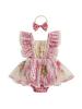 Toddler Girls Ruffle Sleeve Floral Print Romper Dress with Bow Headband Set Summer Outfit Clothes for Baby Girl