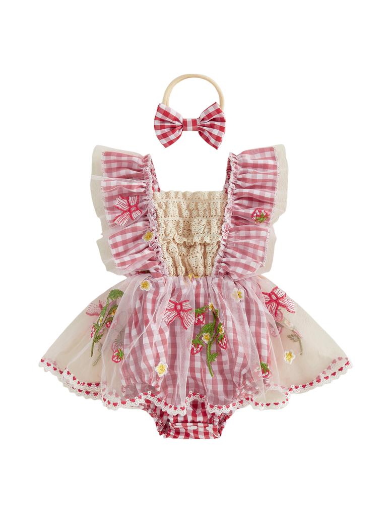 Toddler Girls Ruffle Sleeve Floral Print Romper Dress with Bow Headband Set Summer Outfit Clothes for Baby Girl