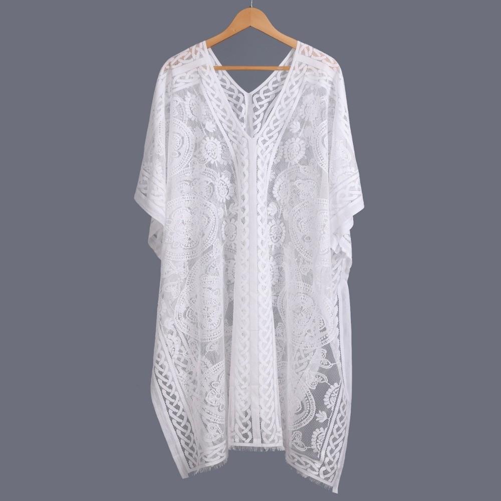 Fashion Lace Mesh Sunscreen Beach Cover Up Plus Size Casual Bohemian Shawl Floral Transparent Swimsuit Cover Up Holiday