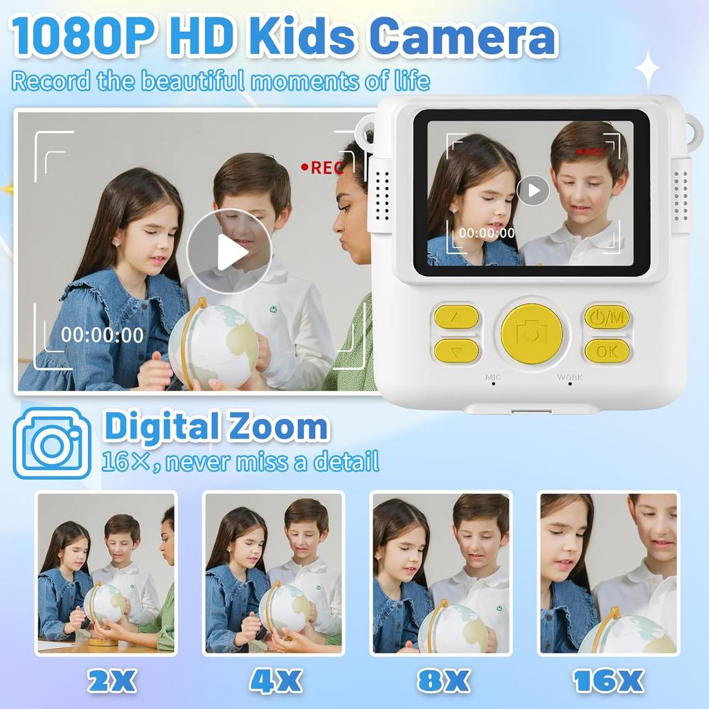 Instant Print Camera for Kids with 3 Rolls of Printer Paper, 1080P Toddler Digital Camera Toys for Age 3-12 with 32GB SD Card, Christmas & Birthday