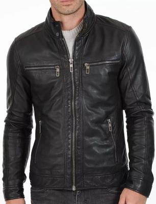AL KHALID Schwarze echte Lammfell-Lederjacke, stilvolle Motorrad-Herren-Lederjacke