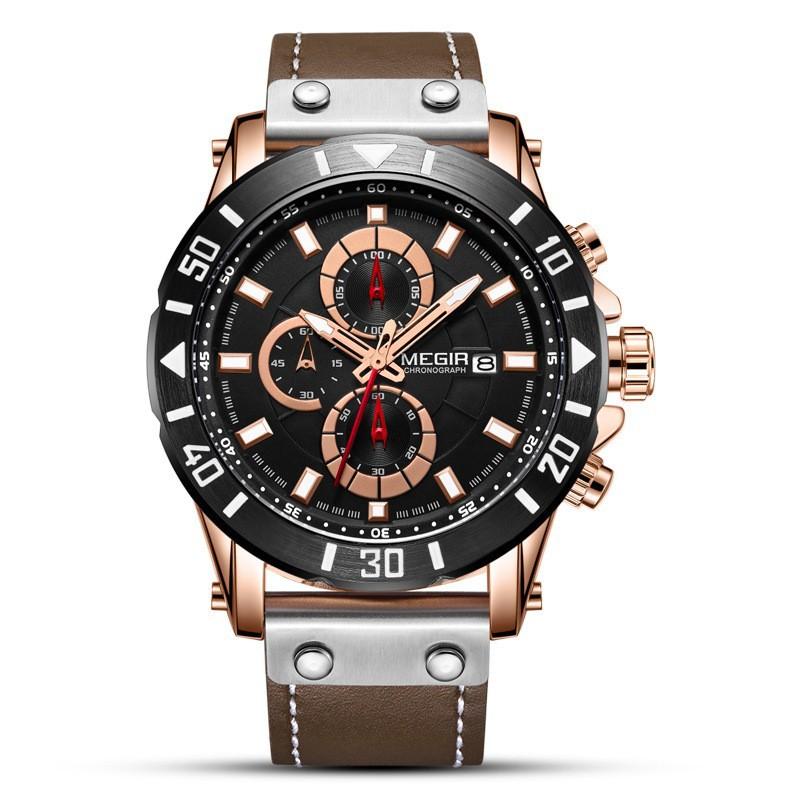 Watch Men'S Fashion Sports Three-Eye Timing Leather Versatile Men'S Quartz Watch 2081