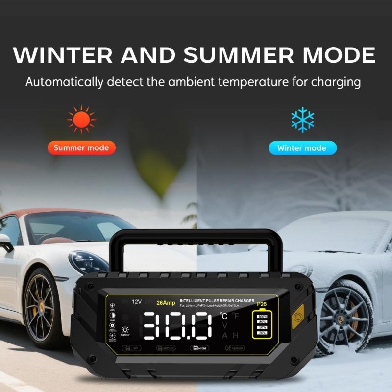 26A Battery Charging Adapter 6V/12V/24V Automatic Charging Adapter With LCD Display for LiFePO4 Battery Car Motorcycle