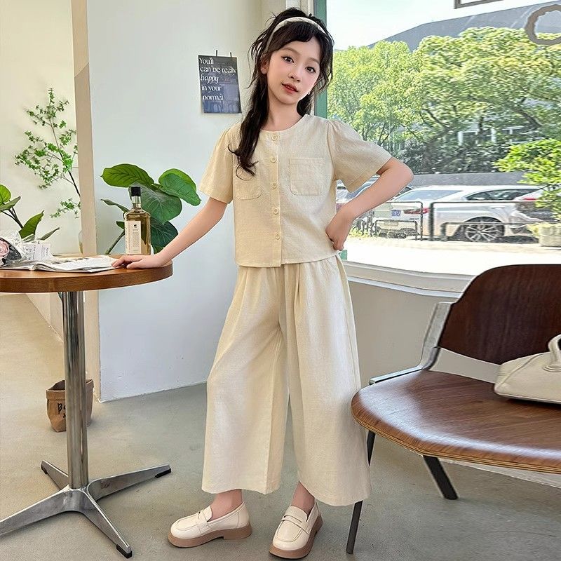 Sommer-Set für Mädchen Kurzarm-Oberteil Weitbein-Hose Mädchen Baumwolle und Leinen Zweiteiler Dünnes Sommer-Outfit