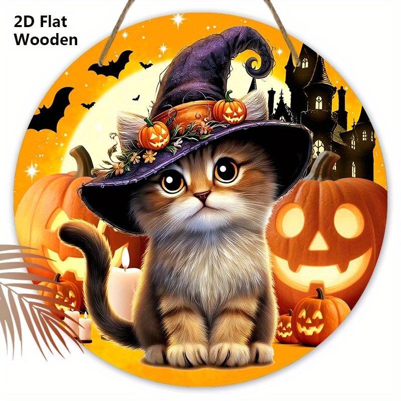 Halloween Wooden Sign with Adorable Cat Pattern - Charming Figurine Ornaments - Ideal for Front Door, Wall, Room Decor